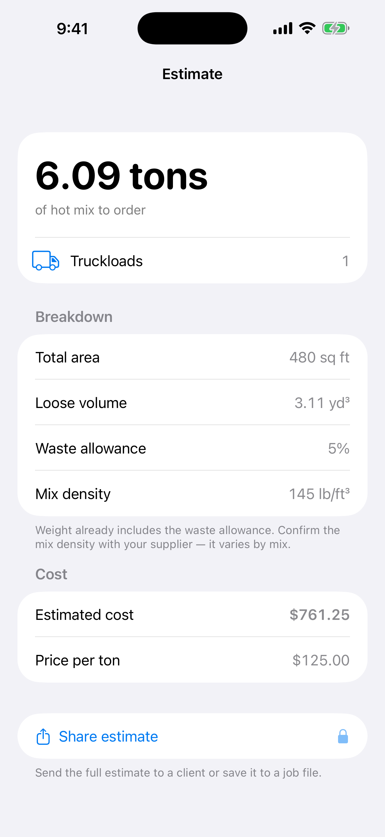 Asphalt Calculator estimate showing tons of hot mix, truckloads and job cost