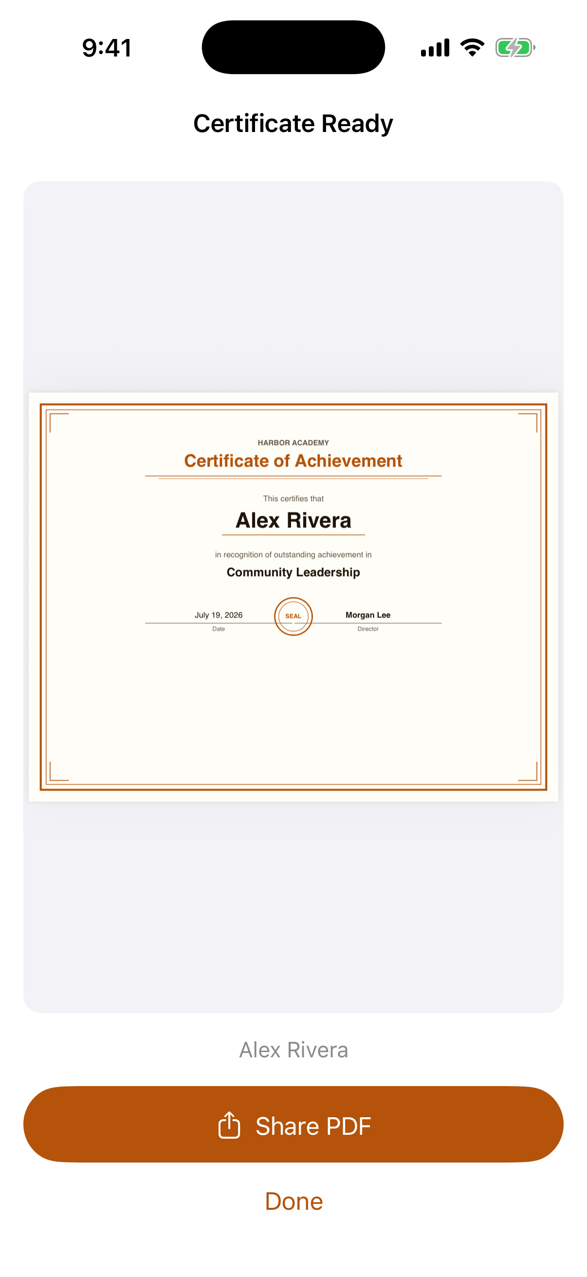 Certify certificate of achievement ready to share as a PDF