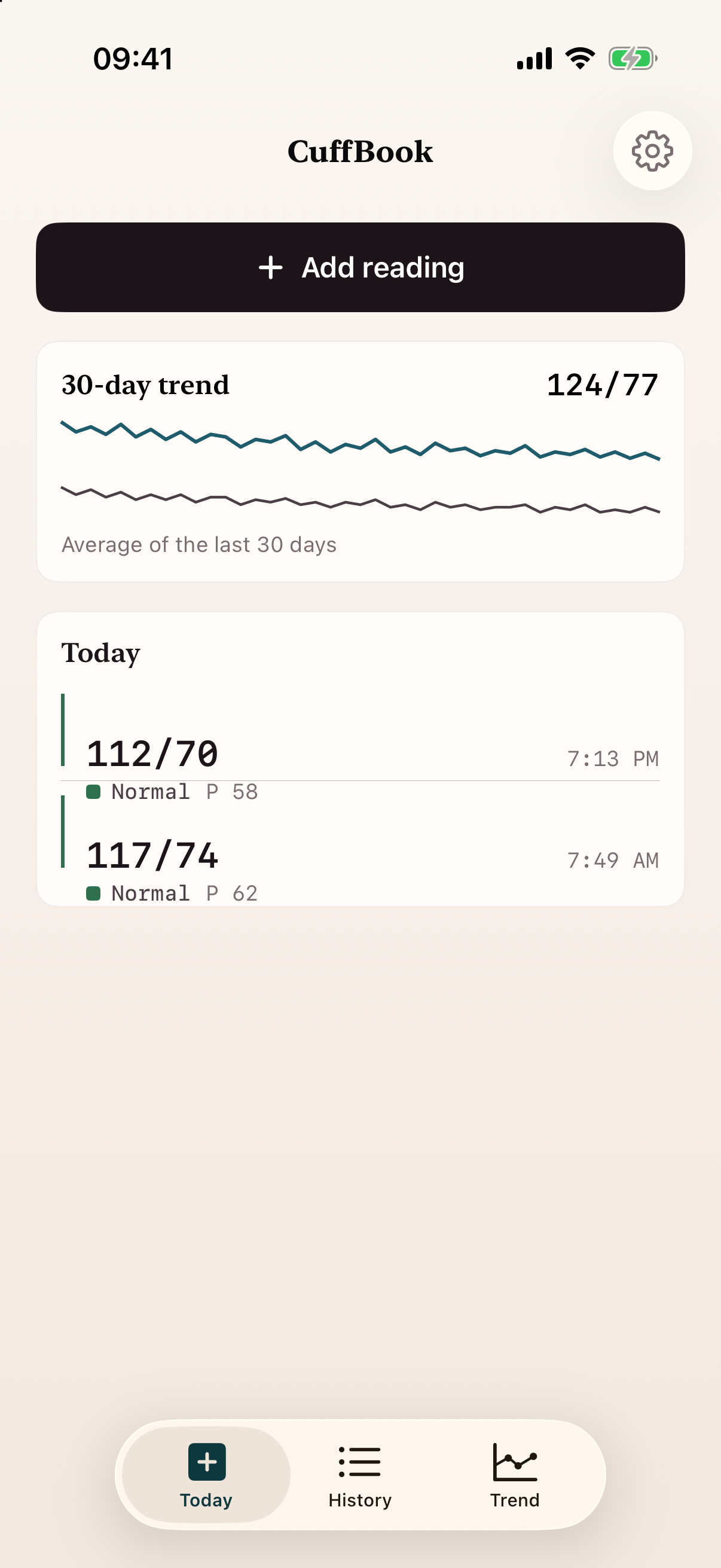 CuffBook today log with add reading and 30-day trend