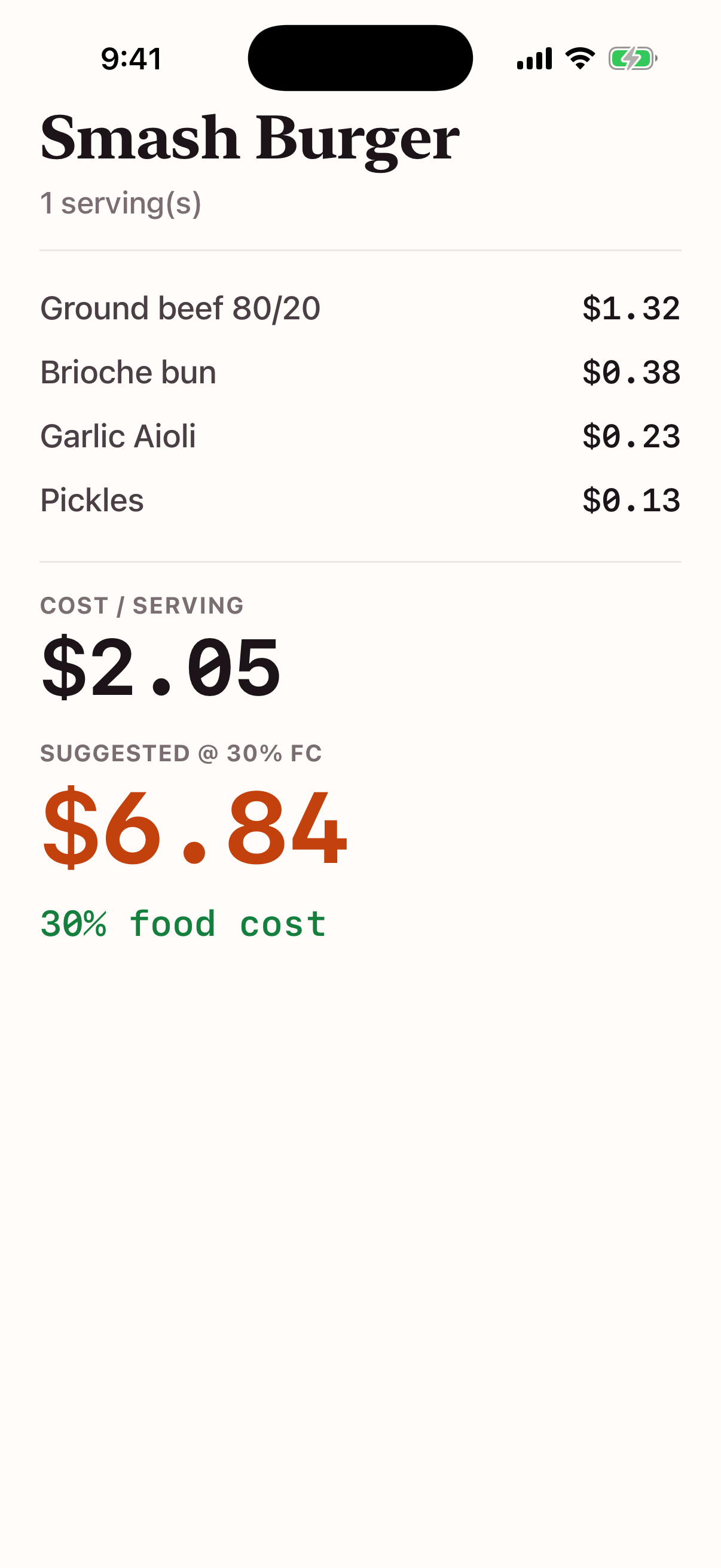 FoodMargin recipe cost card: cost per serving, suggested price at 30% food cost
