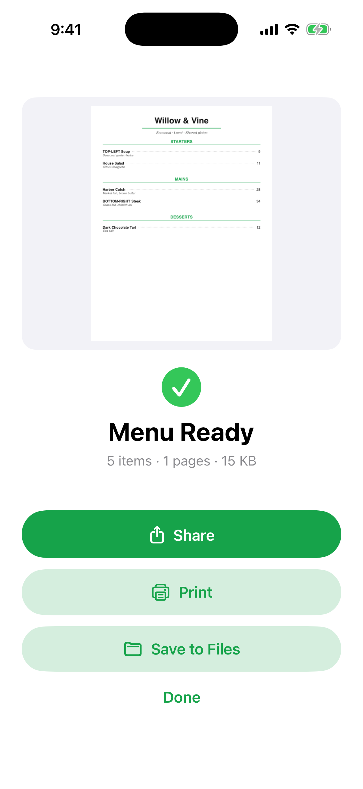Menuly restaurant menu PDF ready to share or print