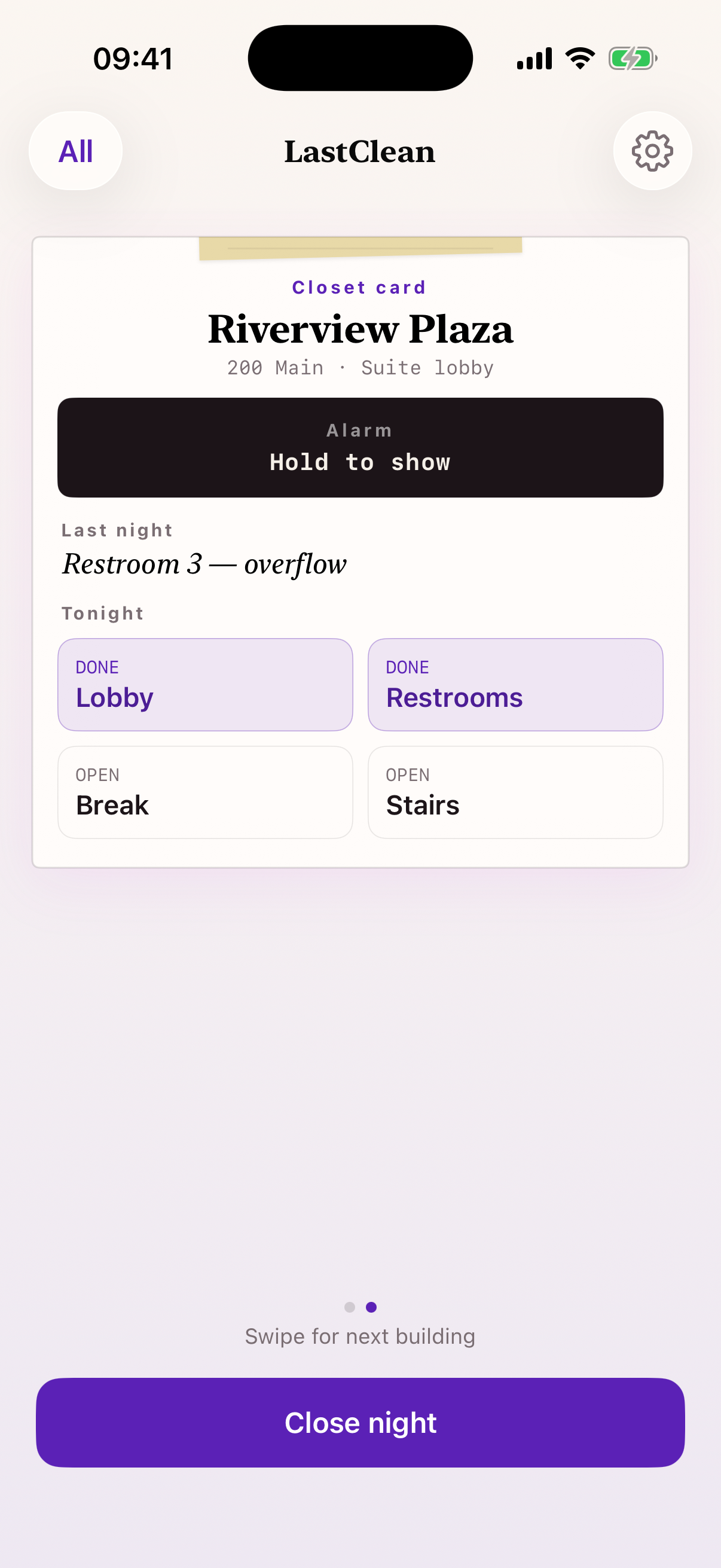LastClean closet card with last night and zones