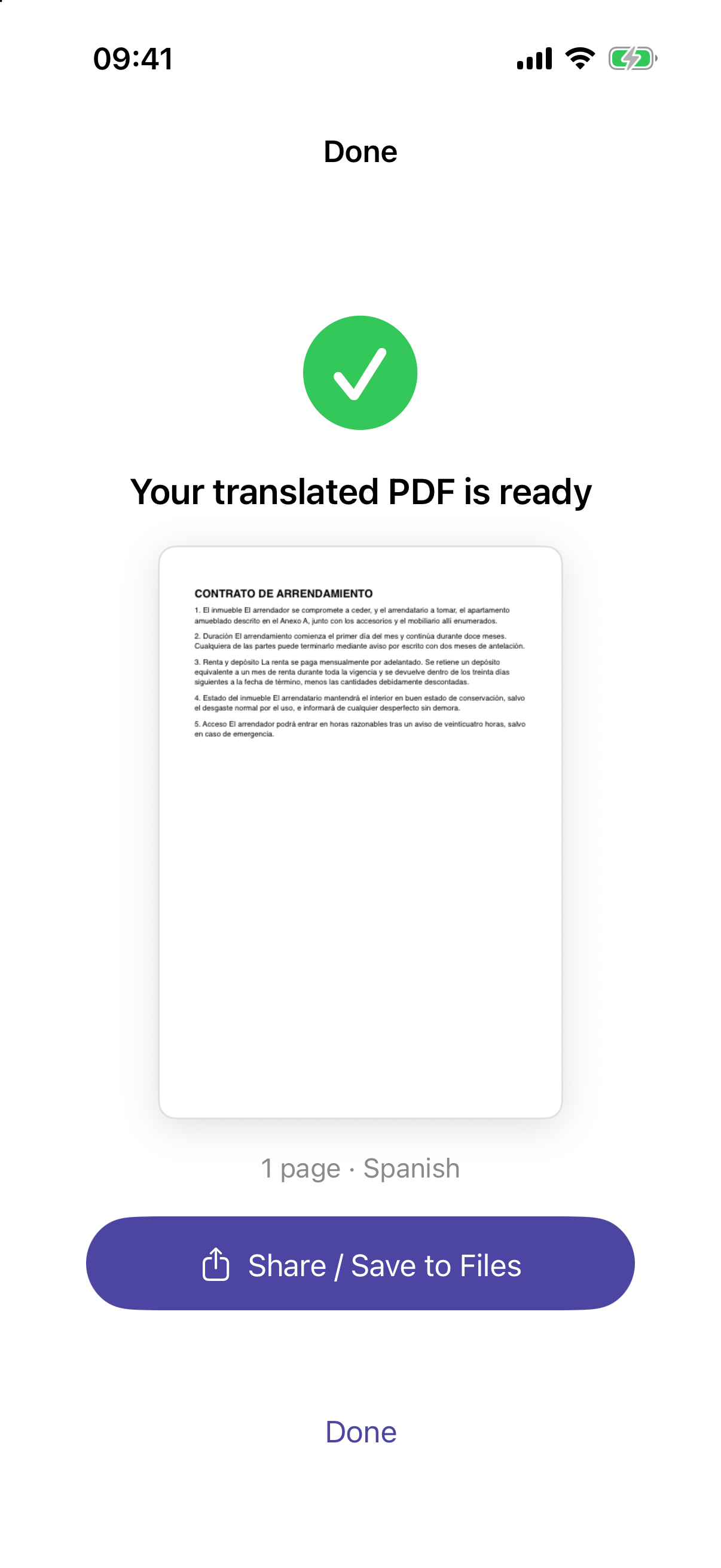 Lingopage showing a translated PDF ready to share or save