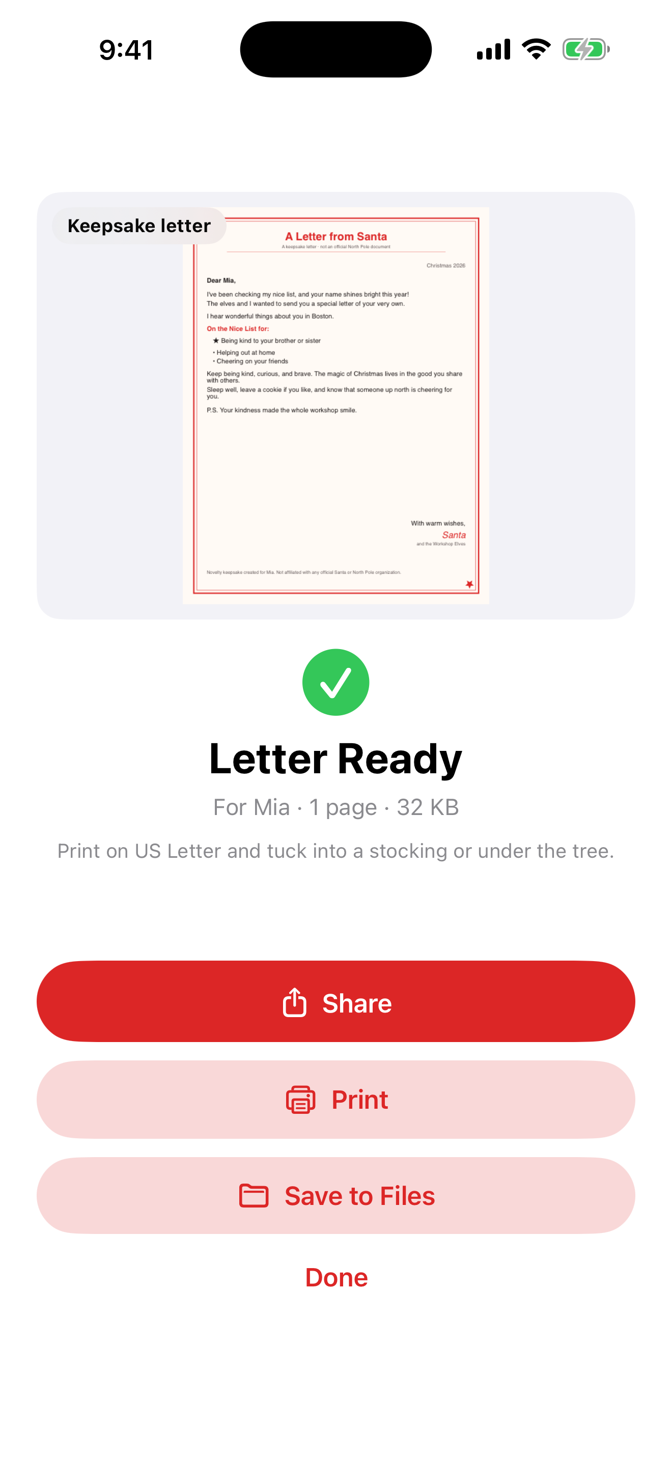 SantaLetter keepsake letter ready to share or print