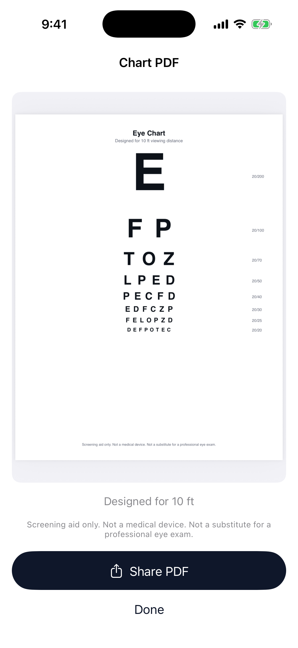 ChartEye true-size eye chart PDF designed for 10 feet
